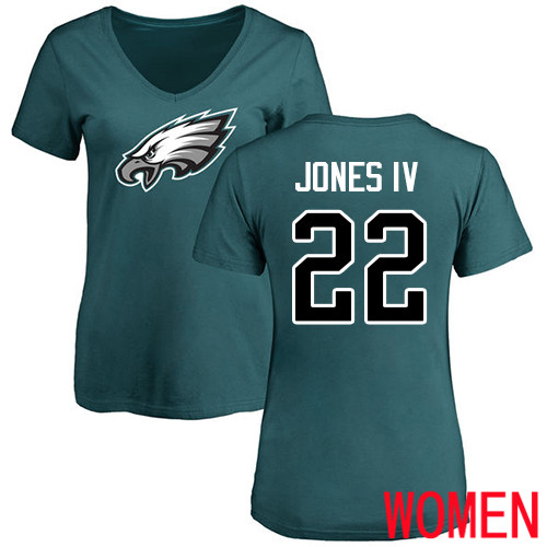 Women Philadelphia Eagles #22 Sidney Jones Green Name and Number Logo Slim Fit NFL T Shirt->nfl t-shirts->Sports Accessory